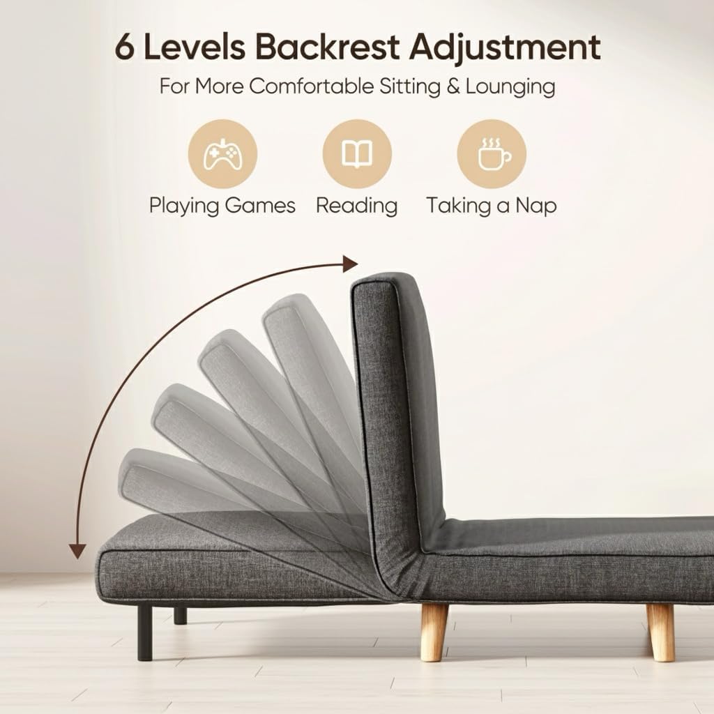 Ahomly Convertible Sleeper Chair, 3 in 1 Chair Bed, Futon for Adults with 6 Angle Adjustable Backrest, Single Sofa Bed for Living Room/Apartment/Office, Dark Gray