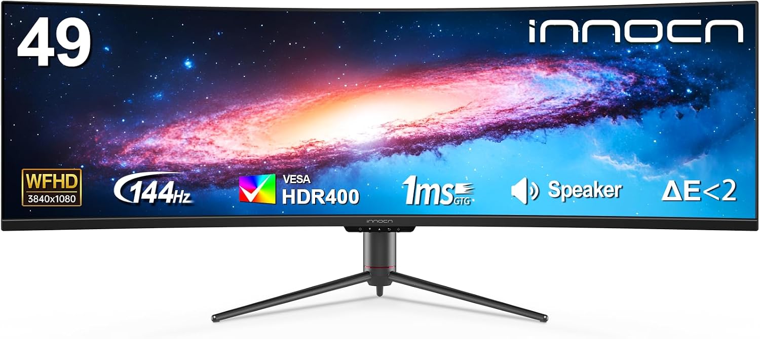 INNOCN Ultrawide 49' Curved 3840 x 1080P 144Hz 32:9 Monitor, Screen Split PIP PBP for Workflow/Gaming, R1800, 99% sRGB, HDR400, USB C, DisplayPort, HDMI, Speakers, Adjustable, Black (HDMI+DP Cable)