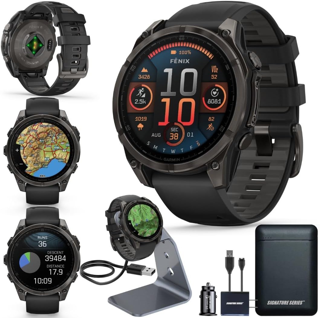 Garmin Fenix 8 Premium Multisport GPS Running Smartwatch, 47 mm | AMOLED, Dive-Rated, Built-in Flashlight | Carbon Gray DLC Titanium with Pebble Gray Band with Signature Series Charging Stand