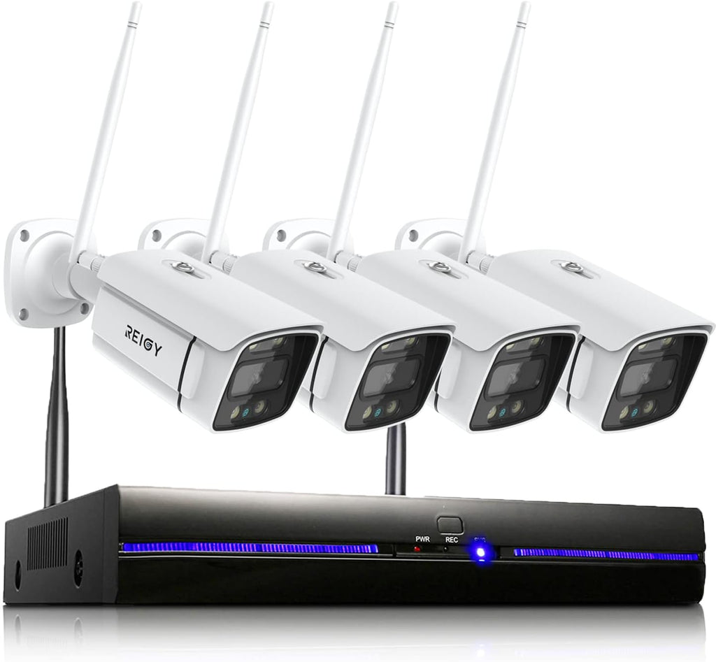 REIGY 3MP WiFi Security Camera System with Floodlight Without Hard Drive, 2K Outdoor Home Surveillance Set 8CH 5MP NVR + 4X 1296P IP Cam, 2-Way Audio Remote View Color Night Vision Motion Detection