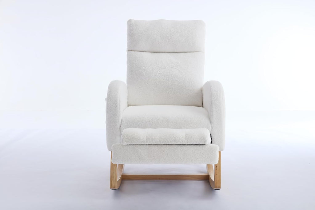 Modern Teddy Fabric Rocking Chair with Footstool, Nursery Rocker with Storage Pocket, High Back Wooden Base, 35-49 inch Length (Ivory, B)