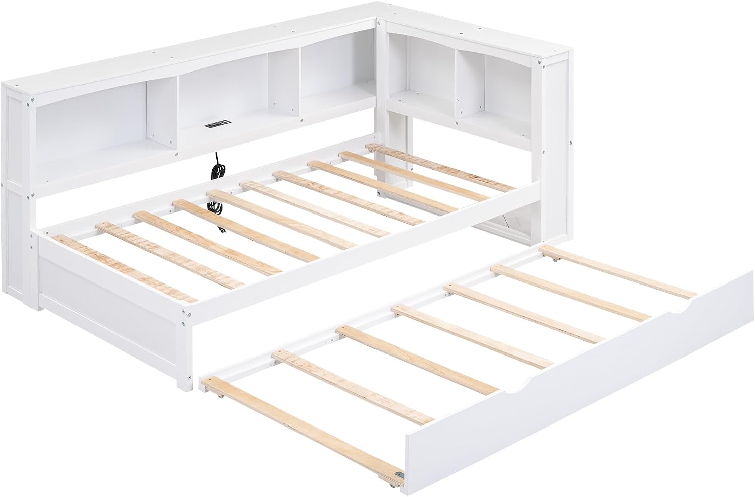Harper & Bright Designs Wood Twin Size Daybed with Trundle, Storage Bookcases, and USB Ports, Twin Platform Bed with Headboard, Twin Size Sofa Bed Frame for Bedroom Living Room (White)