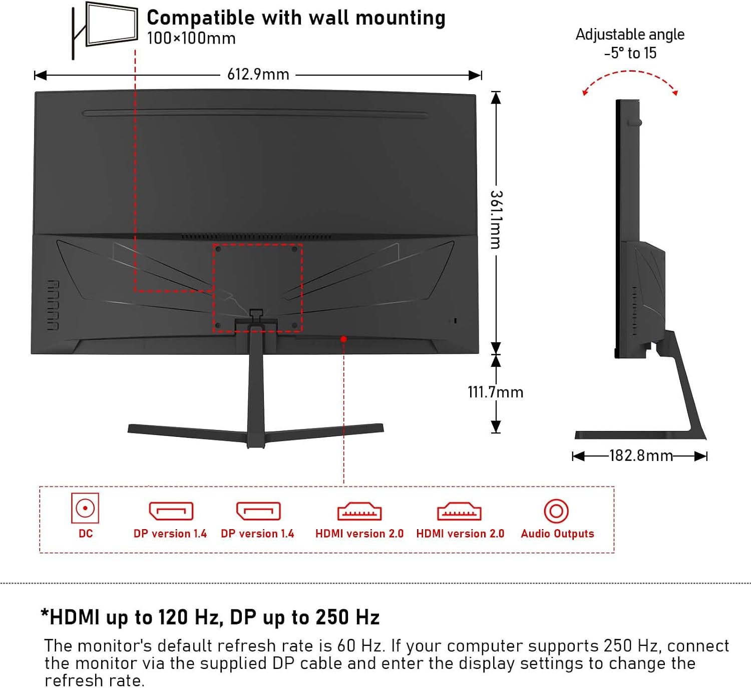 Gawfolk 27 Inch PC Computer Screen,1800R Curved Gaming 250Hz Monitors, FHD 1080p 1ms, Freesync, 98% sRGB,Built-in Speaker, HDMI2.0、DisplayPort, Compatible with Wall-Mounted 100 * 100MM-Black