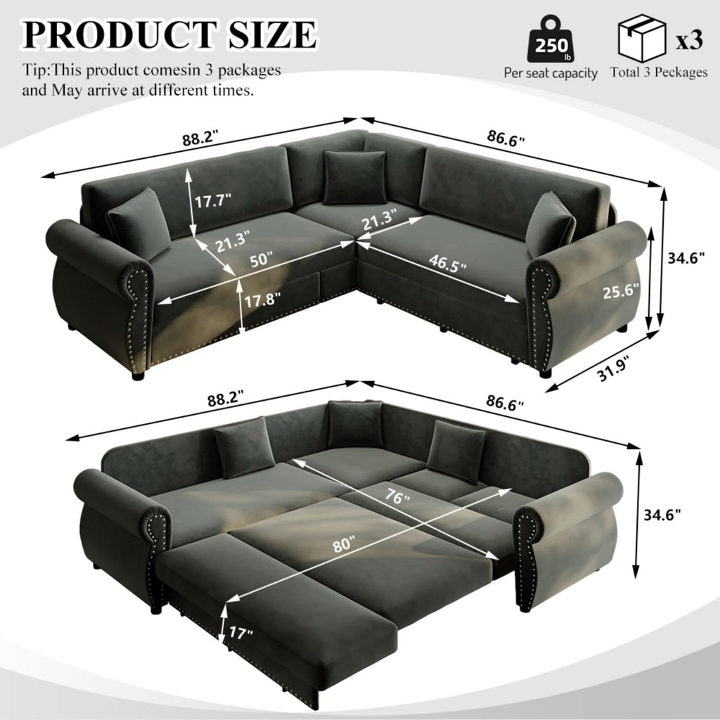 88.2' Sectional Sleeper Sofa with Pull Out Bed - Oversize L-Shaped Convertible Sleeper Couch Bed, Button Tufted Chesterfield Sofa, Chenille Vintage Couches for Living Room(4-Seater, Dark Grey)