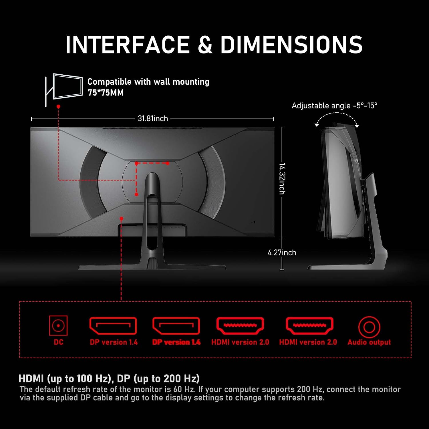 Gawfolk 34 Inch Ultrawide Curved 200Hz Gaming Computer Monitor,1500R PC Screen 21:9 UWQHD (3440x1440),120% sRGB,Adaptive Sync,Built-in Speaker,HDMI、Display Port,Compatible with Wall mounting-Black