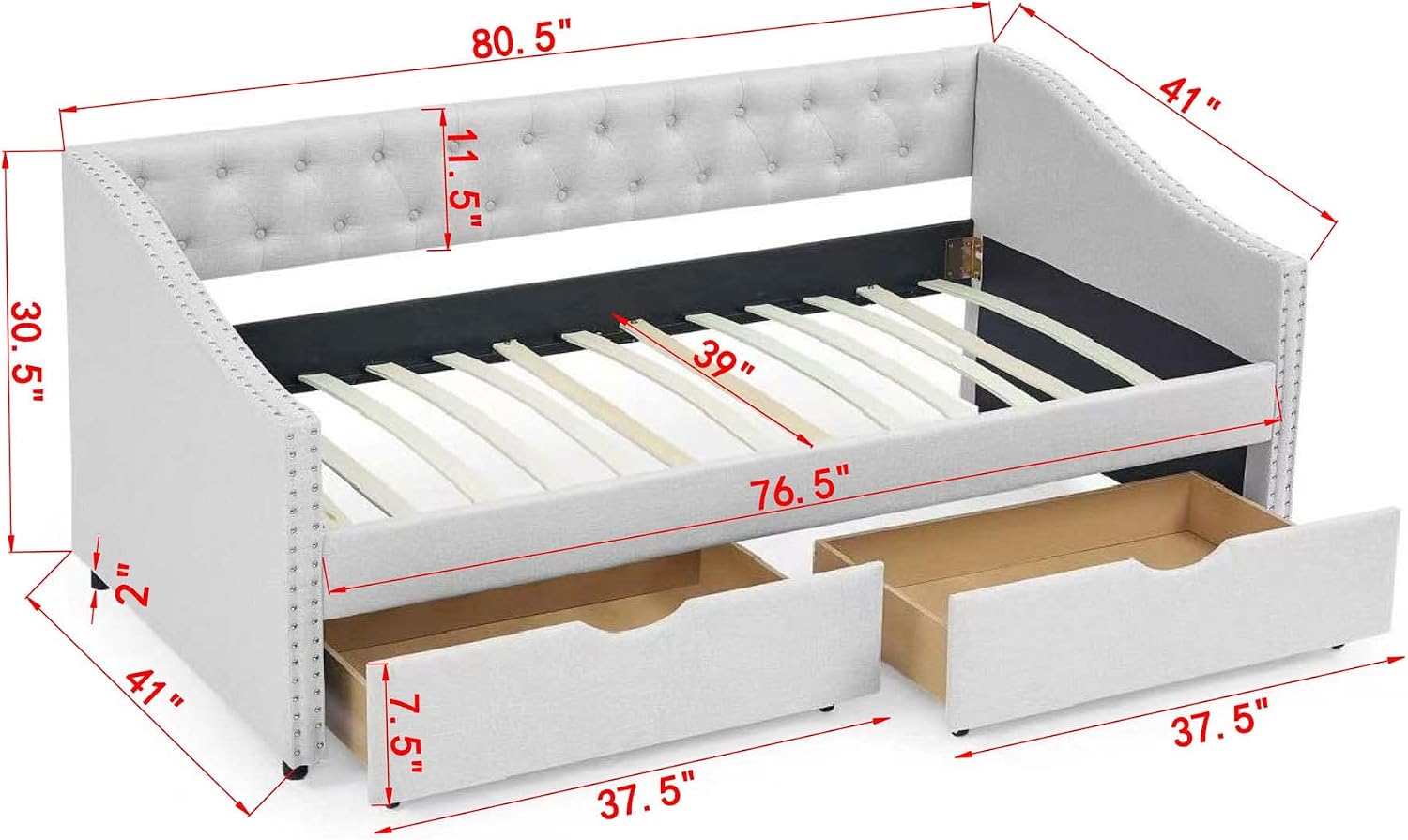 KEIKI Twin Size Upholstery Daybed with 2 Drawers and Headboard, Mid-Century Style Tufted Sofa Bed with Button on Back, Easy Assembly, No Box Spring Required, for Living Room and Bedroom, Beige