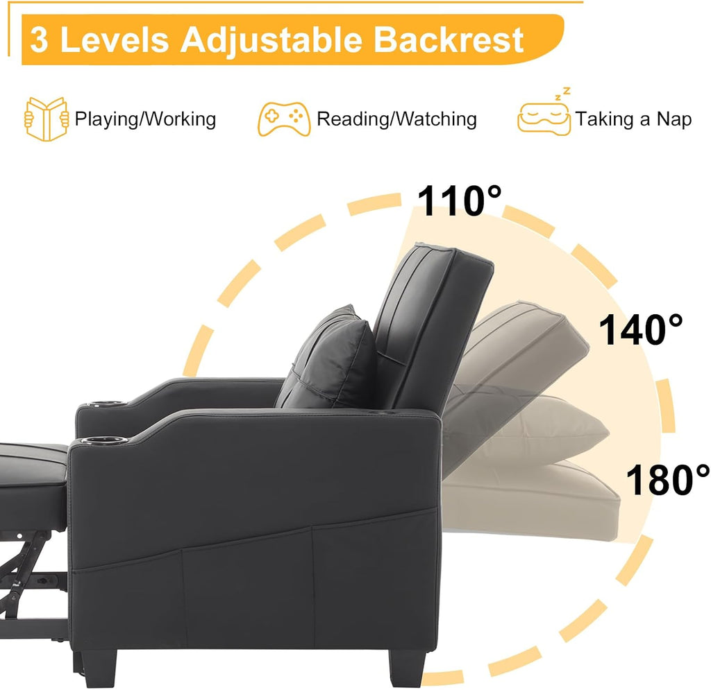 Karl home Sleeper Chair Convertible Sofa Bed with USB/Type C Ports 3-in-1 Pull Out Sofa Bed Adjustable Reading Chair with Cup Holders, PU Leather Black