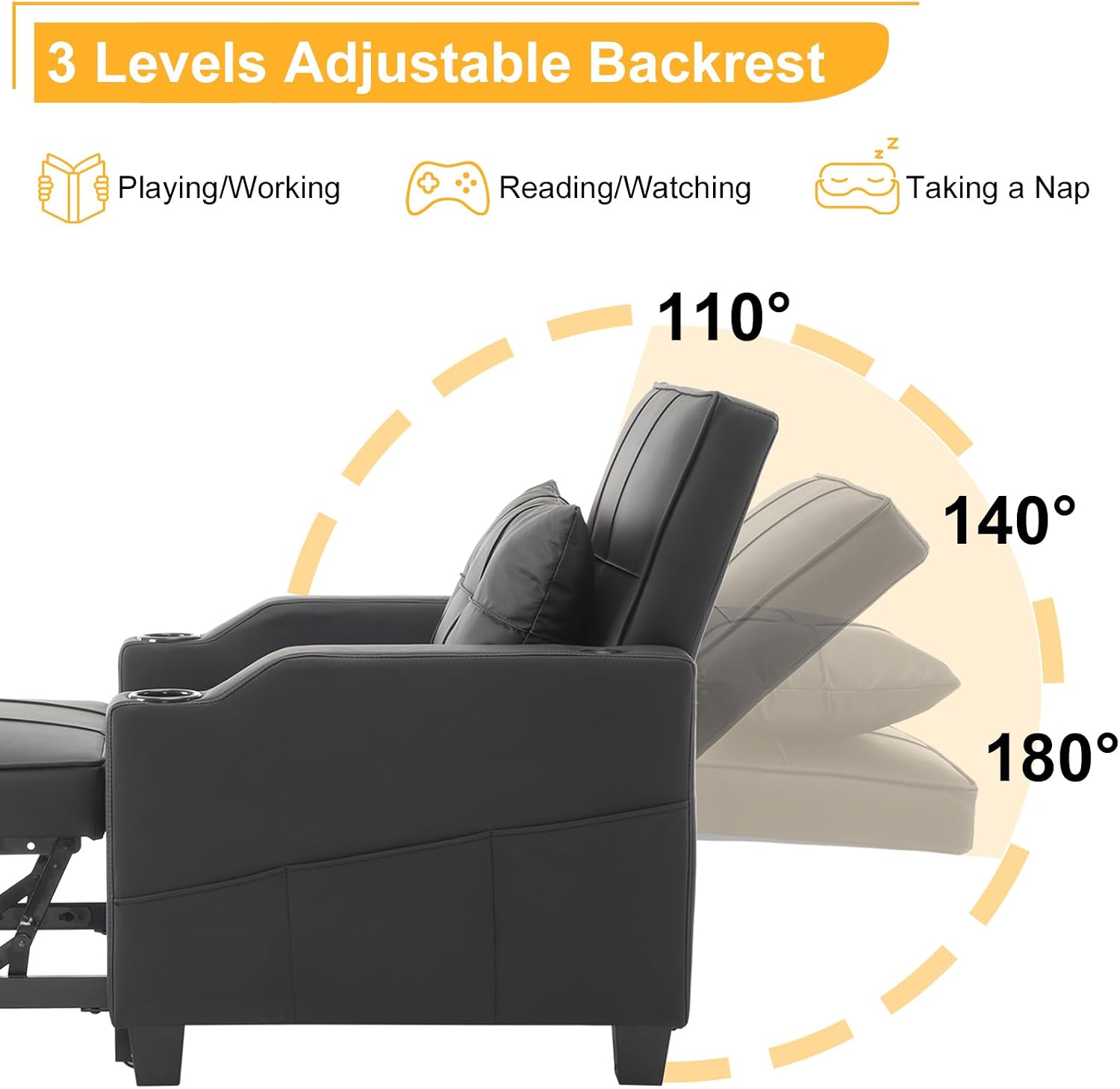 Karl home Sleeper Chair Convertible Sofa Bed with USB/Type C Ports 3-in-1 Pull Out Sofa Bed Adjustable Reading Chair with Cup Holders, PU Leather Black