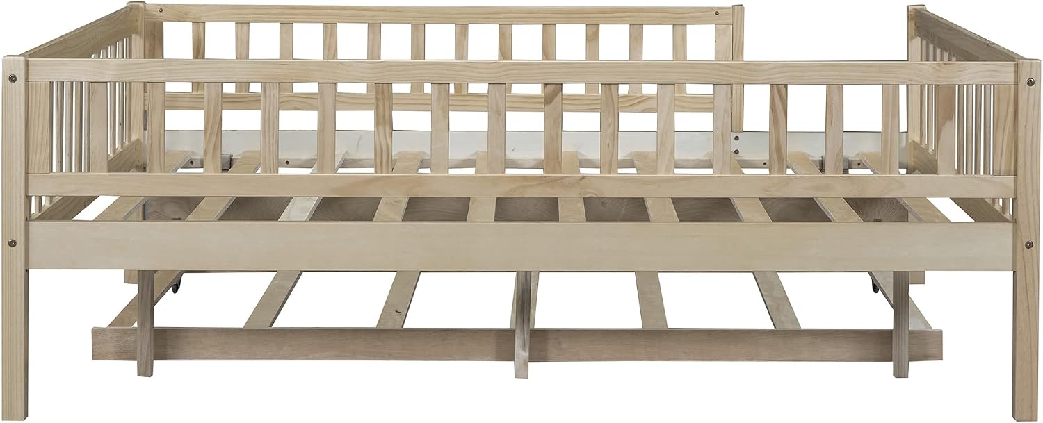 Montessori Bed Frame with Fence Railings and Trundle for Kids,Full Size Wood Low Platform Bed Frame with Full-Length Safety Guardrails for Boys Girls,No Box Spring Needed,Natural