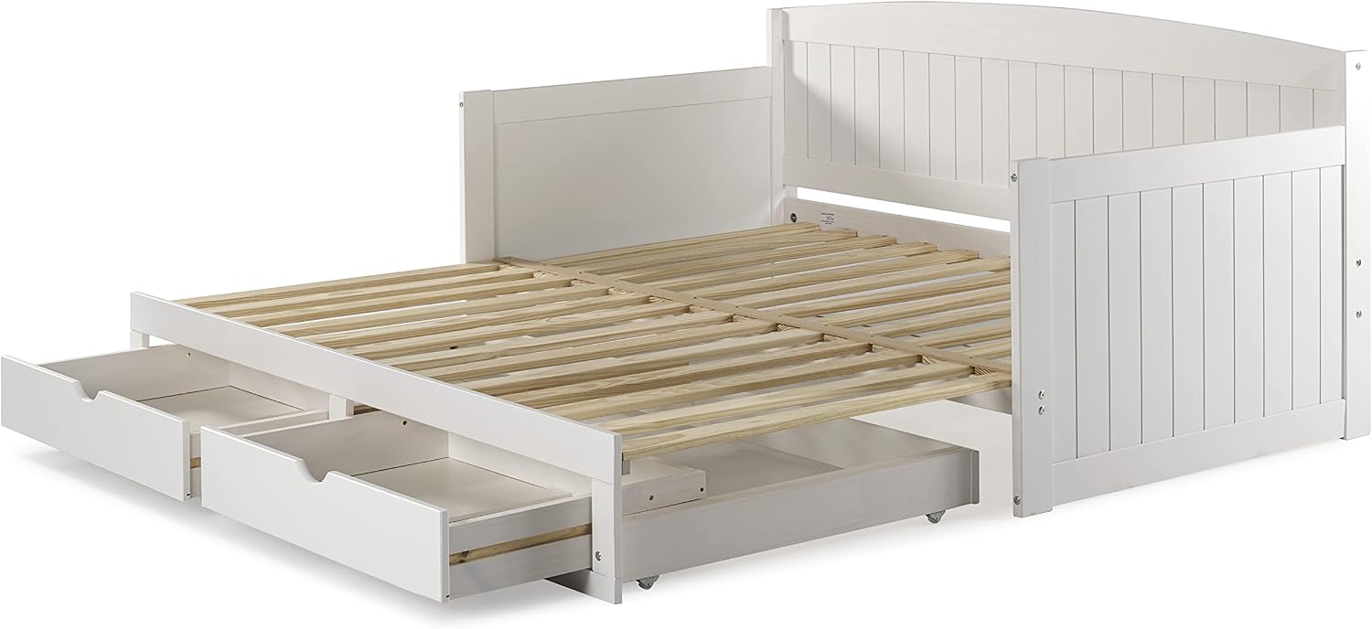 Alaterre Furniture Harmony Twin to King Daybed with Pop Up Trundle Bed - Solid Wood Twin Day Bed with 2 Pull-Out Storage Drawers and 400lb Capacity - For Kids, Guest Room, Living Room (White)