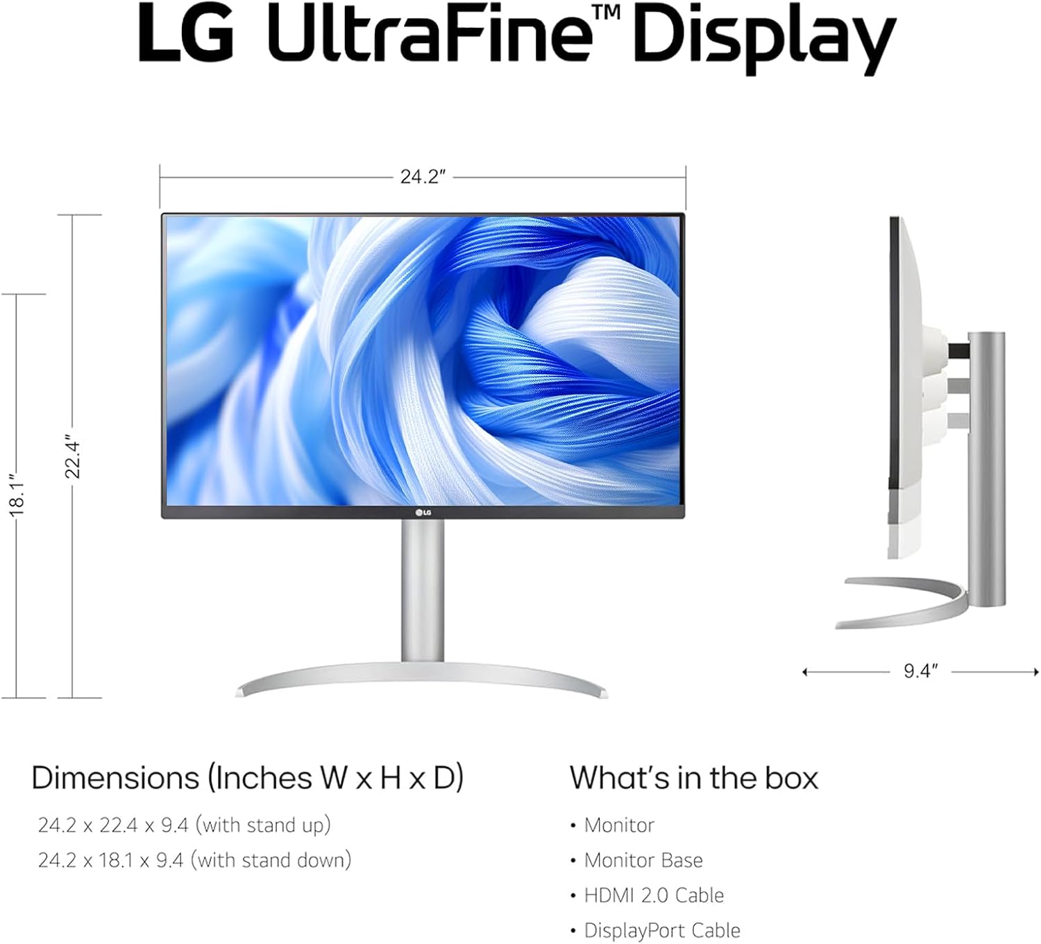 LG 27' Ultrafine 4K UHD (3840 x 2160) Monitor, 60Hz, VESA DisplayHDR™ 400, 5ms, Dynamic Action Sync, Flicker Safe, HDMI & DisplayPort, VESA Mount, Tilt/Height/Pivot Adjustable, White