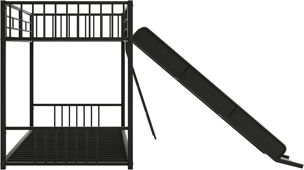 Harper & Bright Designs Twin Size Kids Low Bunk Bed with Slide and Ladder, Twin Metal Floor Bunk Bed Frame for Kids Teens, No Box Spring Needed (Black)