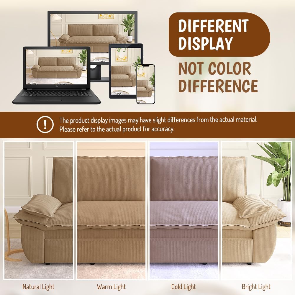 73.2' Sleeper Sofa Bed Queen, 3-in-1 Convertible Couch, Modern Pull Out Couches, Comfy Corduroy Futon Sofa, Cloud Loveseat Lounge, Pillow Arm for Small Spaces, Living Room, Apartment, Camel