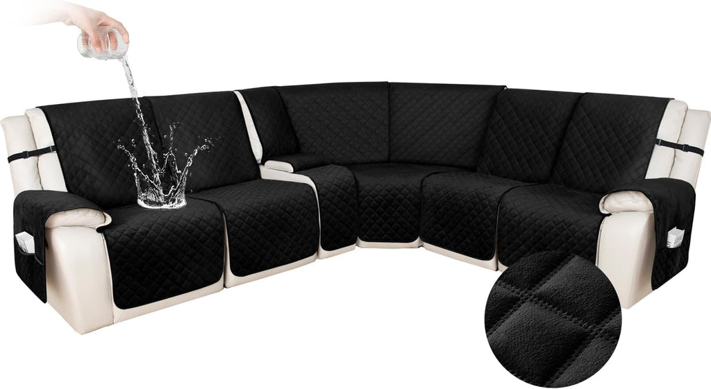 HDCAXKJ 100% Waterproof Velvet Recliner Sectional Couch Covers L Shaped Corner Reclining Sofa Cover Washable Thick Non Slip Sectional Slipcover with Pockets (5 Seat and 1 Middle Console, Black)