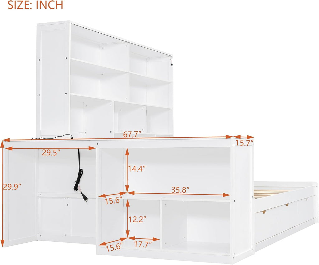 LUMISOL Corner Full Bed Frame with Storage Drawers, Built-in Desk with USB Ports & Shelves, Wooden Daybed Sofa Bed with LED Bookcase for Bedroom Living Room, White