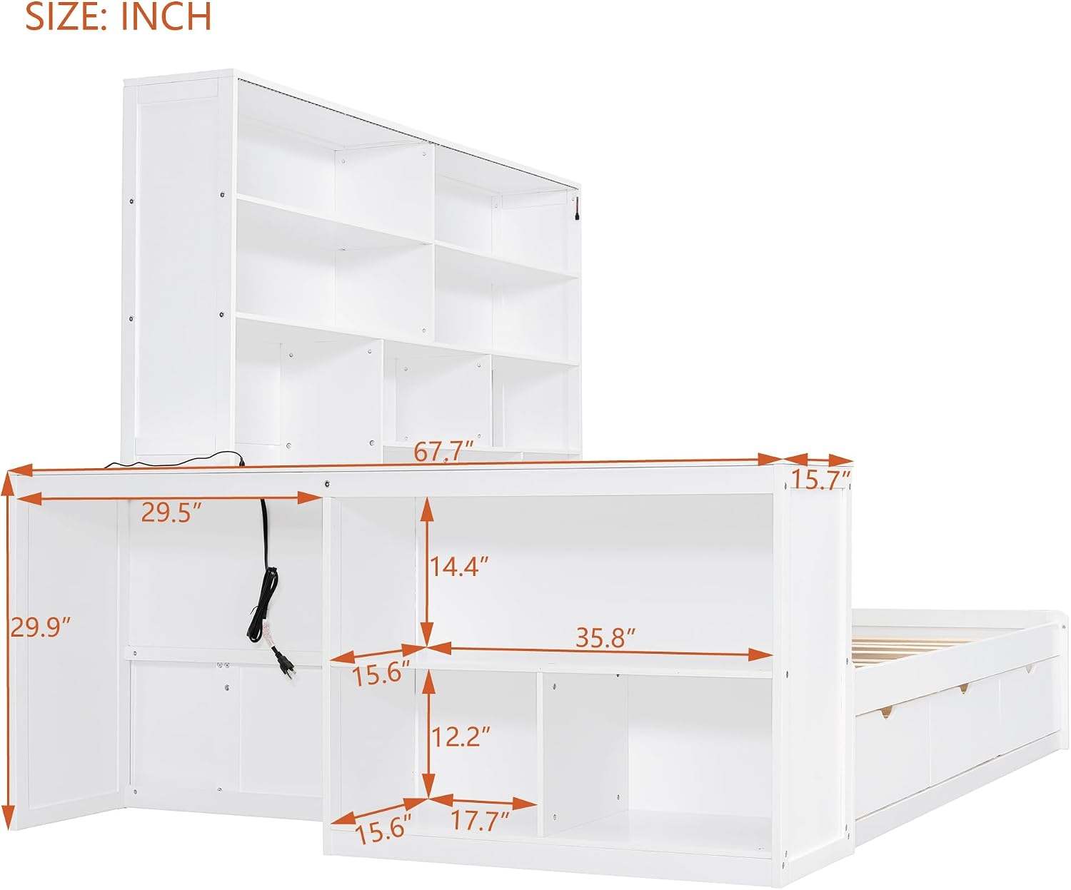 LUMISOL Corner Full Bed Frame with Storage Drawers, Built-in Desk with USB Ports & Shelves, Wooden Daybed Sofa Bed with LED Bookcase for Bedroom Living Room, White