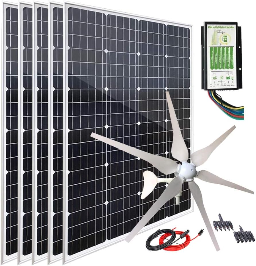 1000W 12V Wind Turbine Generator Solar Panel Kit : 400W Windmill & 5pcs 120W Mono Solar Panel & Hybrid Charge Controller for Home RV Camping Boat Cabin Off Grid System