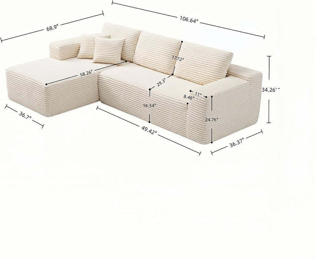 Boneless Sectional Couch, Cloud Modular Sofa, Memory Foam Compressed Couches Sofa in a Box, No Assembly Corduroy Fabric Living Room Furniture, Oversized Double-Layer Soft Cushion Luxury Sofa