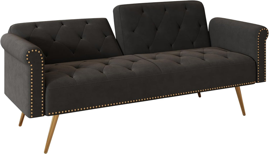 Convertible Futon Sofa Bed , Adjustable Sleeper Couch Modern Velvet Tufted Recliner Reversible Loveseat Folding Daybed Guest Bed Sofacama w/ Nailhead Trim and Golden Metal Legs for Living Room Office