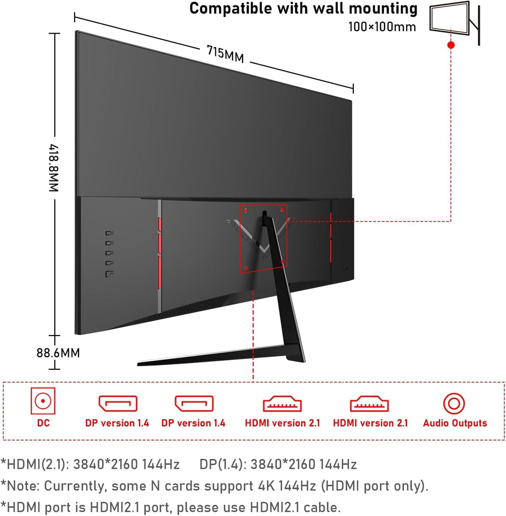 Gawfolk 32-inch 4K Ultra HD Computer Monitor, 144Hz Gaming Screen, 1ms, Adaptive Sync, 100% sRGB, 178° Wide Viewing Angle, HDMI 2.1, DisplayPort, Compatible with 100 * 100MM Wall Mount-Black