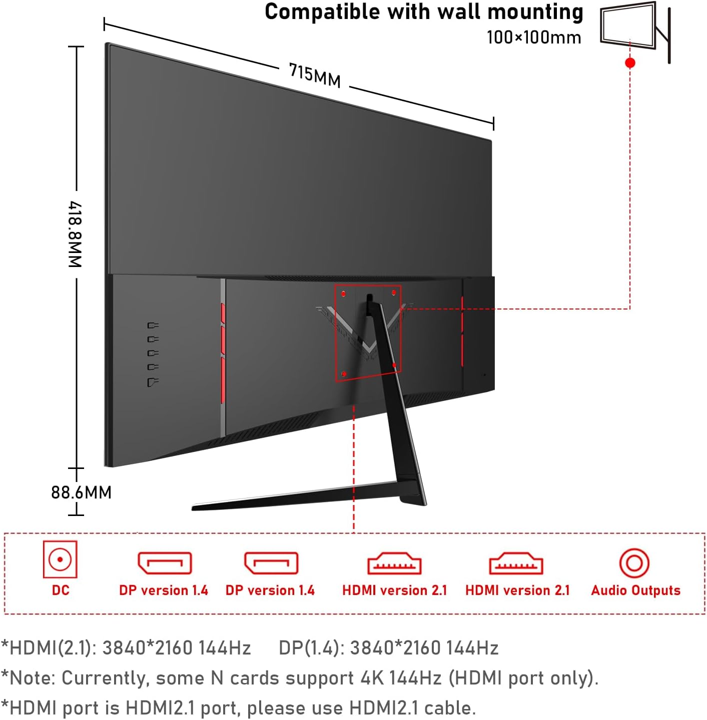 Gawfolk 32-inch 4K Ultra HD Computer Monitor, 144Hz Gaming Screen, 1ms, Adaptive Sync, 100% sRGB, 178° Wide Viewing Angle, HDMI 2.1, DisplayPort, Compatible with 100 * 100MM Wall Mount-Black