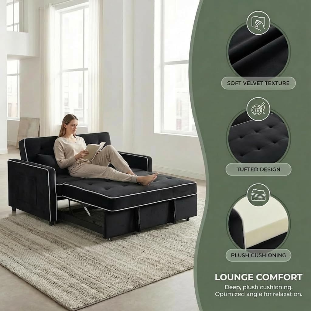 Convertible Velvet Sofa Bed with Pull-Out Bed & Side Storage Pockets, Modern Sleeper Sofa for Living Room, Apartment, Small Spaces, and Bedroom (7705-Black)