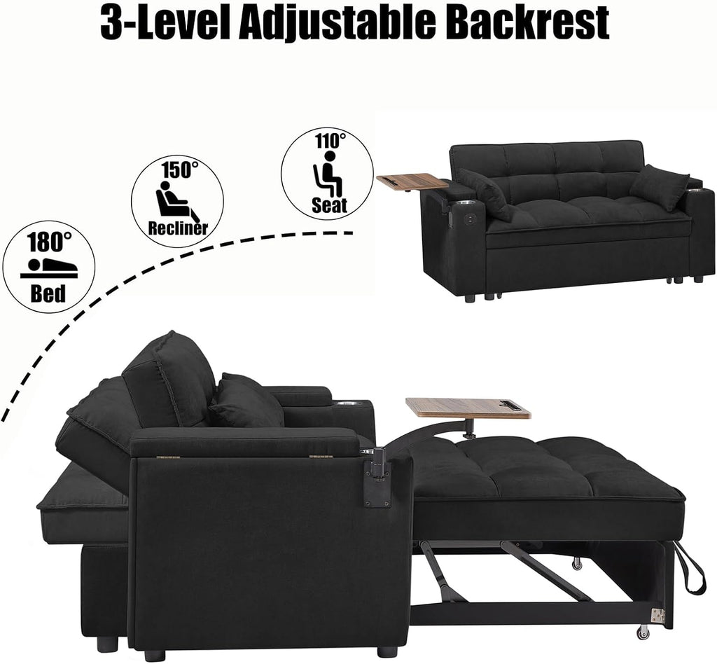 Auvsoce 65'' Convertible Sleeper Sofa Bed with Adjustable Backrest, Chaise Lounge, Side Table & USB/Type-C Ports – Stylish & Functional Addition to Any Living Room (Black)