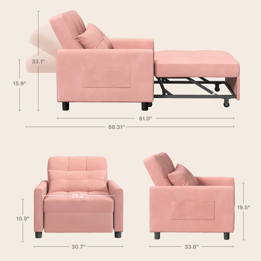 Aiho Convertible Sleeper Chair with Pillow & Pocket, 3-in-1 Sofa Bed in Modern Linen Fabric for Apartment, Pink
