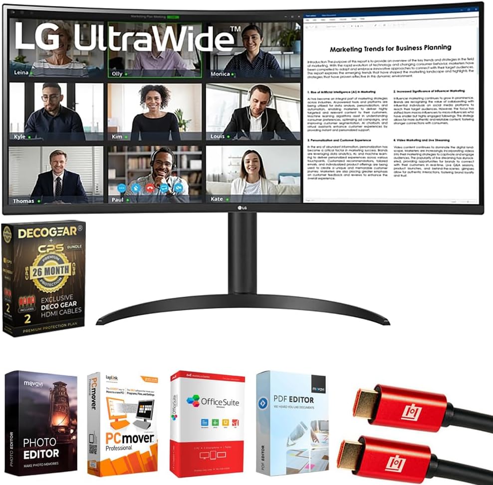 LG 34WR55QK-B 34' Curved UltraWide WQHD HDR 10 100Hz Monitor with USB Type-C Bundle with Elite Suite 18, 2X HDMI Cable and Deco Gear CPS Exclusive 26 Month Protection Pack (BEACH-CPS-26M500)