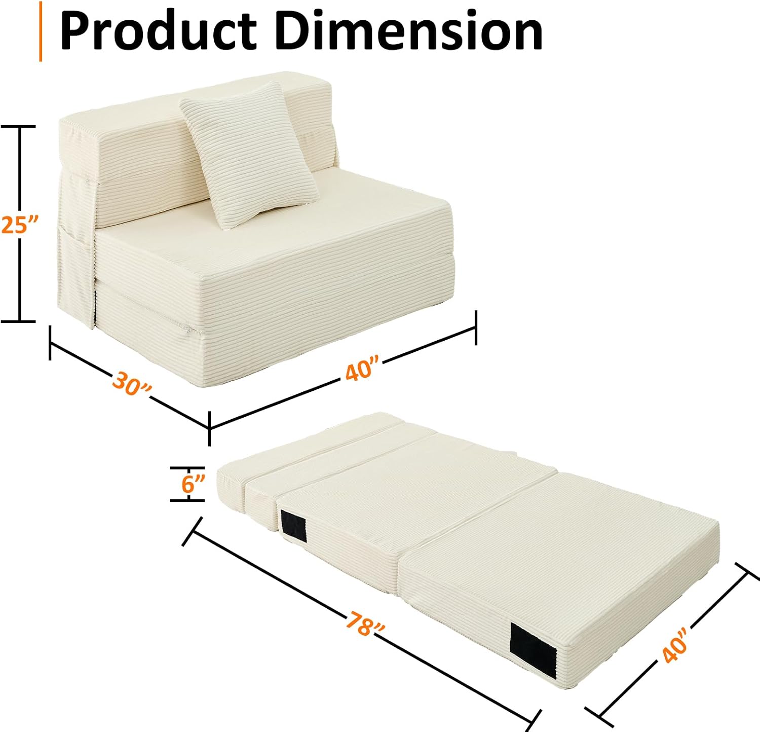 JKMAX Twin Size Folding Sofa Bed - 4 in 1 Convertible Sleeper Chair with Pillow - High Density Memory Foam Futon Couch - Foldable Bed for Living Room Bedroom (Beige)