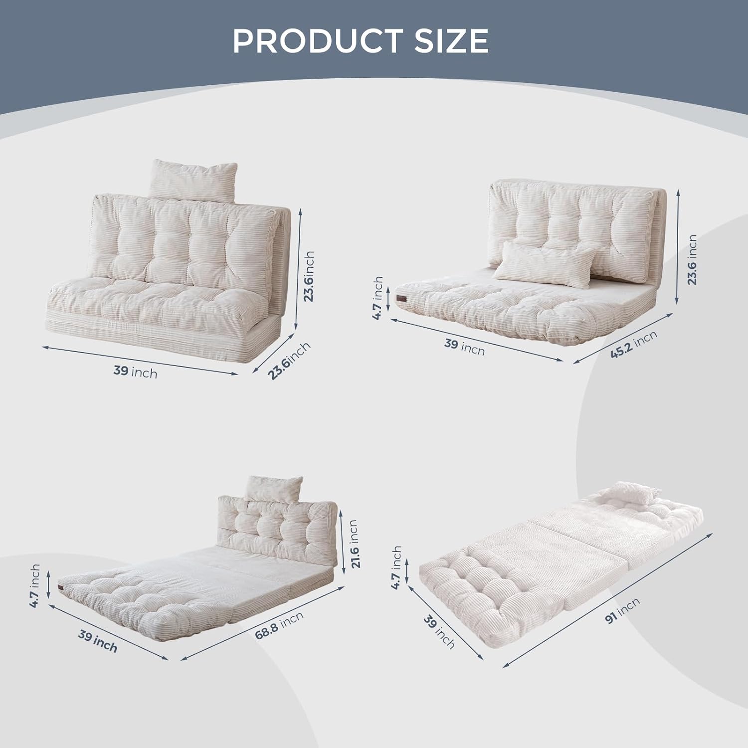 MAXYOYO Folding Sofa Bed, Tufted Bean Bag Bed with Pillows Floor Mattress for Adults, Extra Thick and Long Floor Sofa, Twin Floor Couch Bed for Bedroom Living Room, Beige, 39x91 Inch