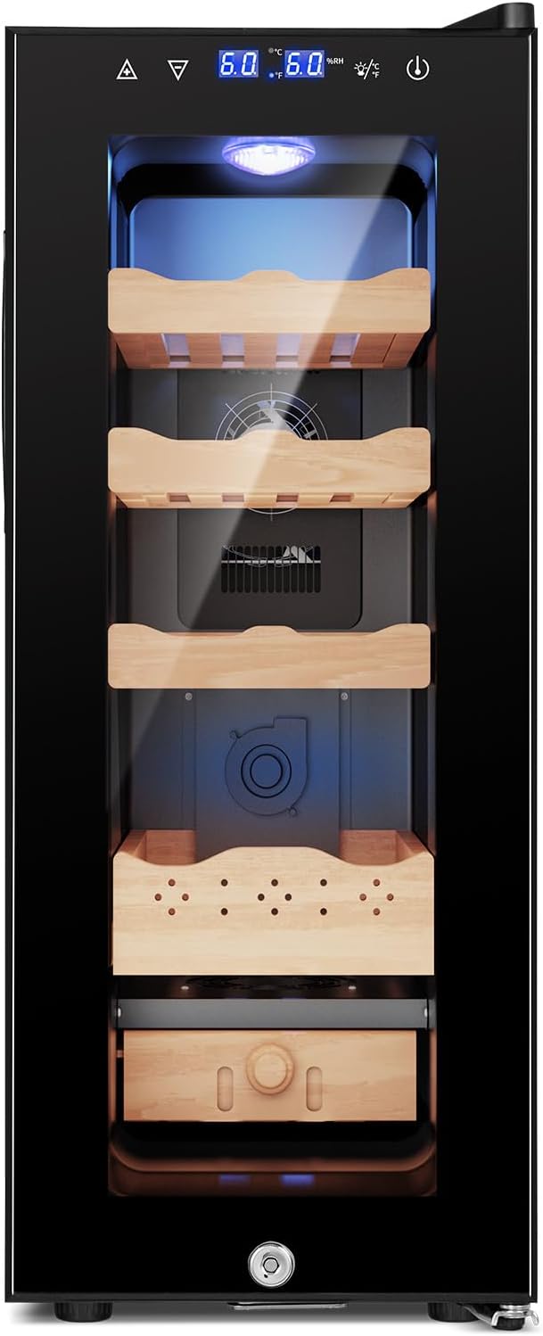 35L Electric Humidor Cabinet–200~250 Count Large Capacity Electric Humidor| Thermostatic Cooling with Spanish Cedar Wood Shelves, Digital LED Screen & Safety Lock |Gift for Men