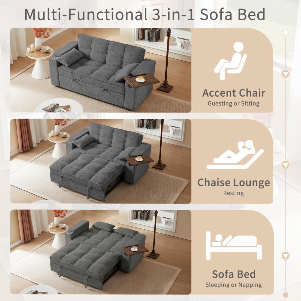 Auvsoce 65'' Convertible Sleeper Sofa Bed with Adjustable Backrest, Chaise Lounge, Side Table & USB/Type-C Ports – Stylish & Functional Addition to Any Living Room (Dark Grey Sofa Bed)