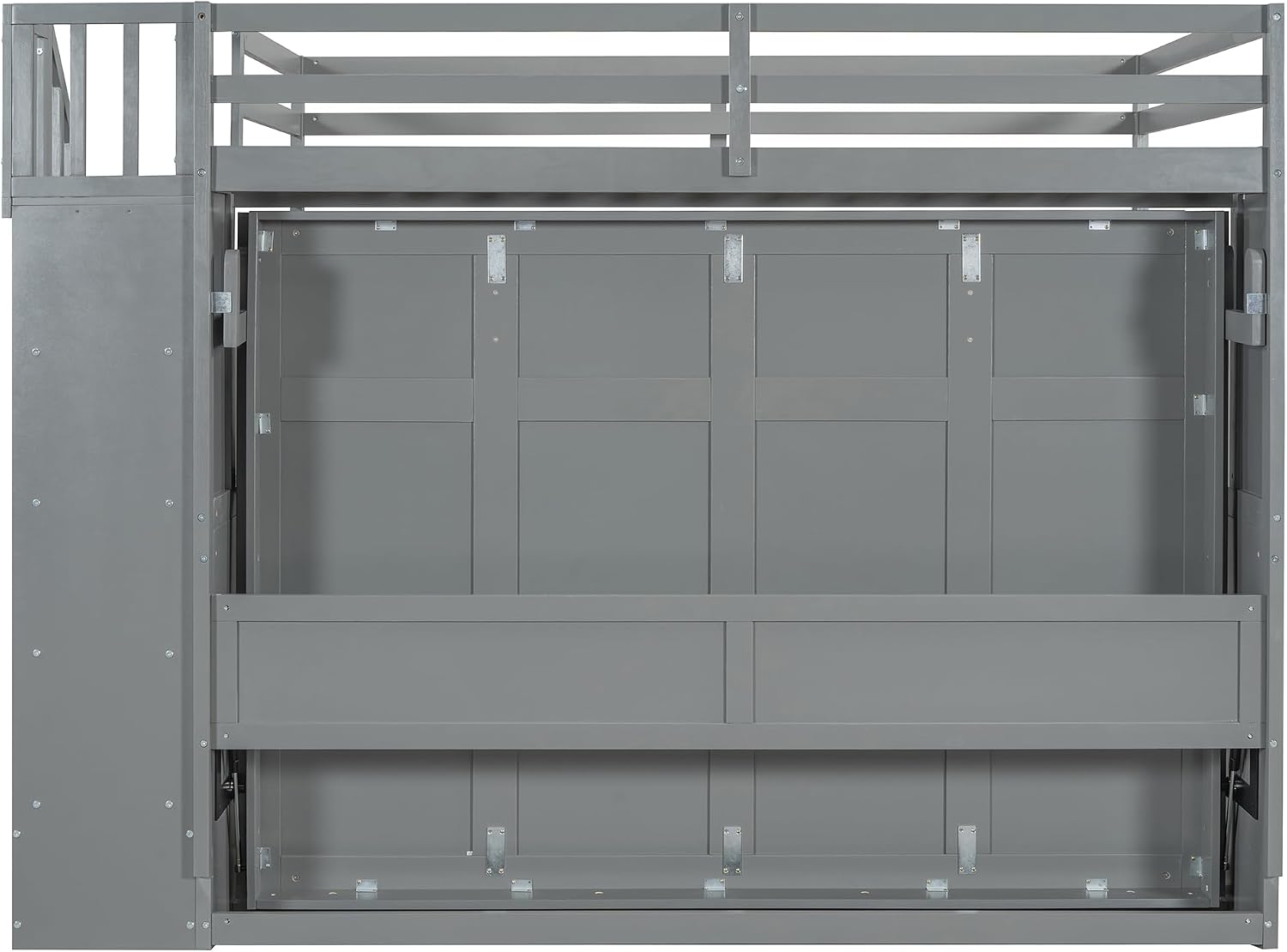 Merax Modern Farmhouse Solid Wood Loft Bed with Murphy Bed Cabinet w/Hydraulic Lift Full Over Full, Wall Bunk Bed with Storage Staircase, Shleves & Desk/Space Saving/Wood Slat Support/Gray