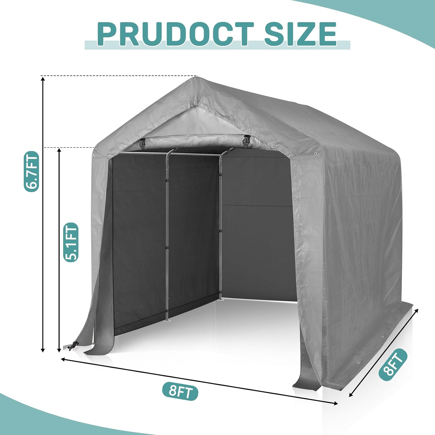 VINGLI Outdoor Portable Storage Shed, Heavy Duty Bike Tent with Roll-up Zipper Door, Waterproof and UV Resistent Carport for Motorcycle, Garden Tools and Firewood (8x8x6.7ft)