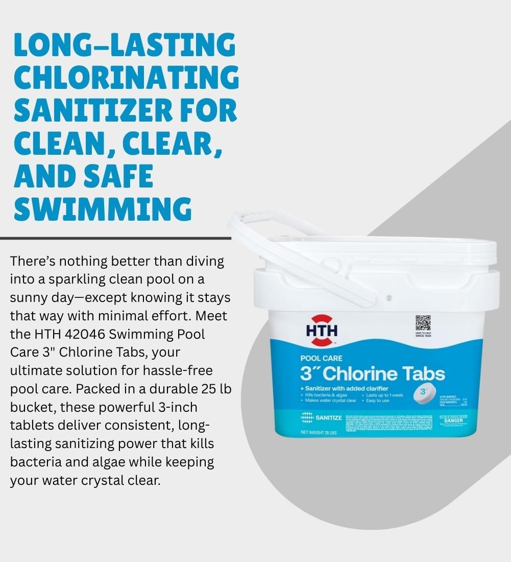 HTH 42046 Swimming Pool Care 3' Chlorine Tabs, Swimming Pool Chlorinating Sanitizer, 25lb