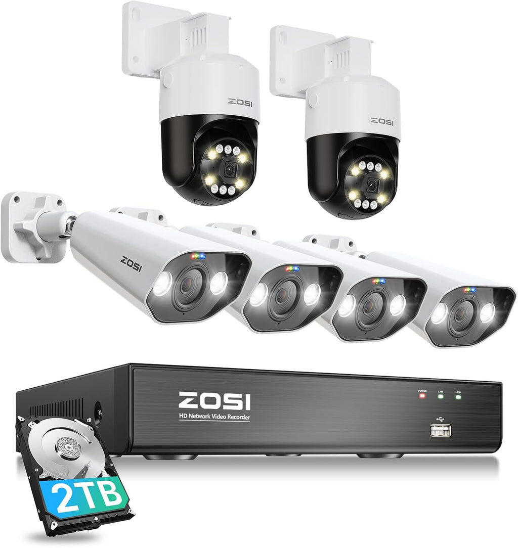 ZOSI 8CH (16CH Expandable) 4K PoE Security Camera System with AI Face Person Vehicle Detection, 6 Wired 5MP 3K Outdoor PT Bullet PoE IP Cameras, 2-Way Audio, 5X Digital Zoom, 2TB HDD, 24/7 Recording