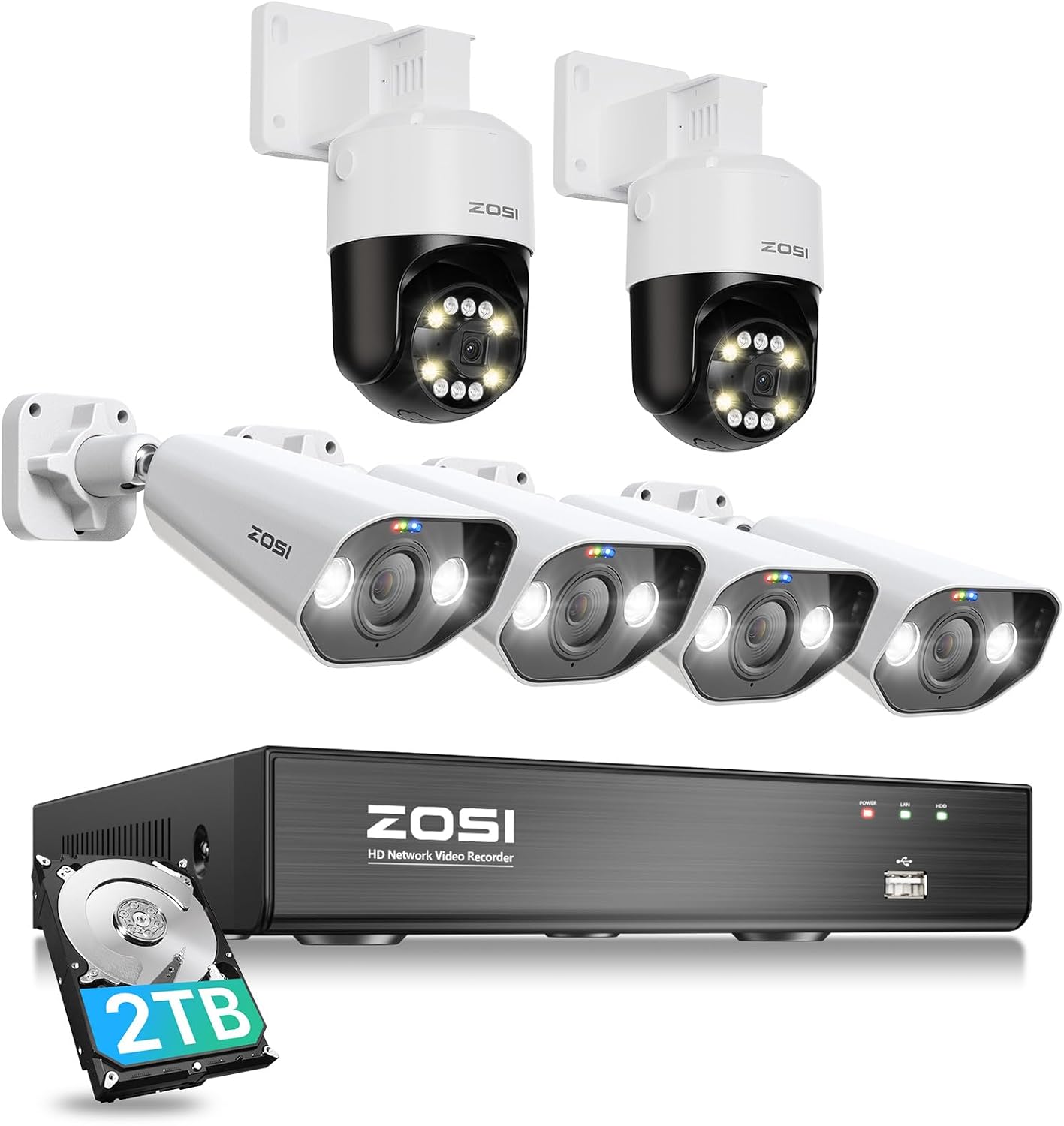 ZOSI 8CH (16CH Expandable) 4K PoE Security Camera System with AI Face Person Vehicle Detection, 6 Wired 5MP 3K Outdoor PT Bullet PoE IP Cameras, 2-Way Audio, 5X Digital Zoom, 2TB HDD, 24/7 Recording