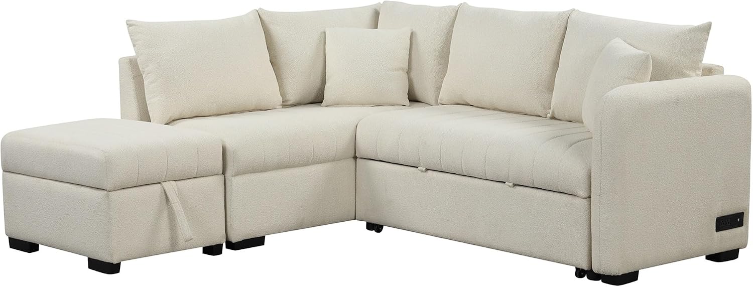 LUMISOL 82.6' Convertible Sleeper Sofa Bed with Storage Ottoman, L-Shaped Sectional Sofa with Charging Stations, Pull Out Sofa Couch with Chaise for Living Room, Apartment, Beige