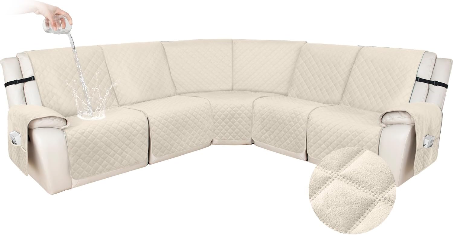 HDCAXKJ 100% Waterproof Recliner Sectional Couch Covers X-Large L Shaped Corner Reclining Sofa Cover Washable Thick Non Slip Sectional Slipcover with Pockets (XL 5 Seat Recliner Couch, Beige)