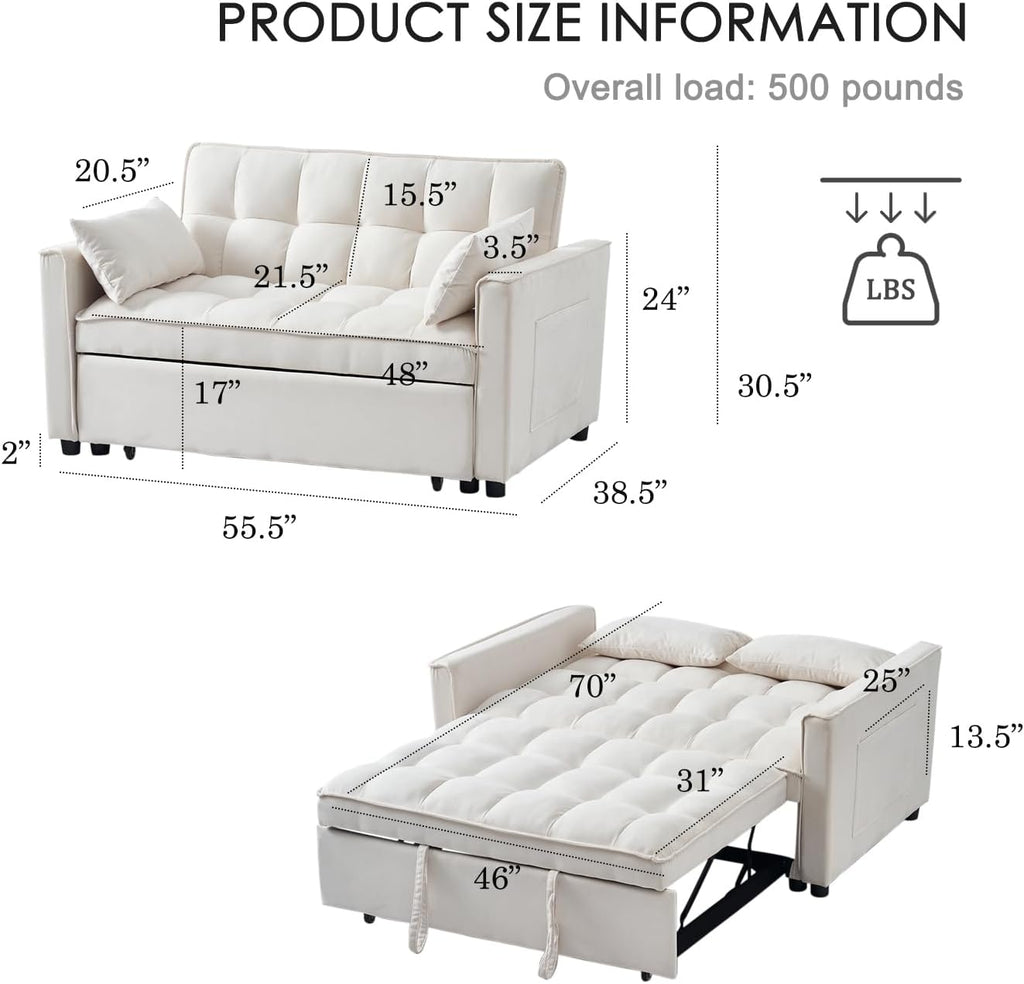 3-in-1 Convertible Sleeper Sofa Bed, Premium Velvet Pull Out Loveseat with Storage Pocket and 2 Pillows, Modern Tufted Couch for Small Spaces, Apartment, Office, Guest Room, Cream