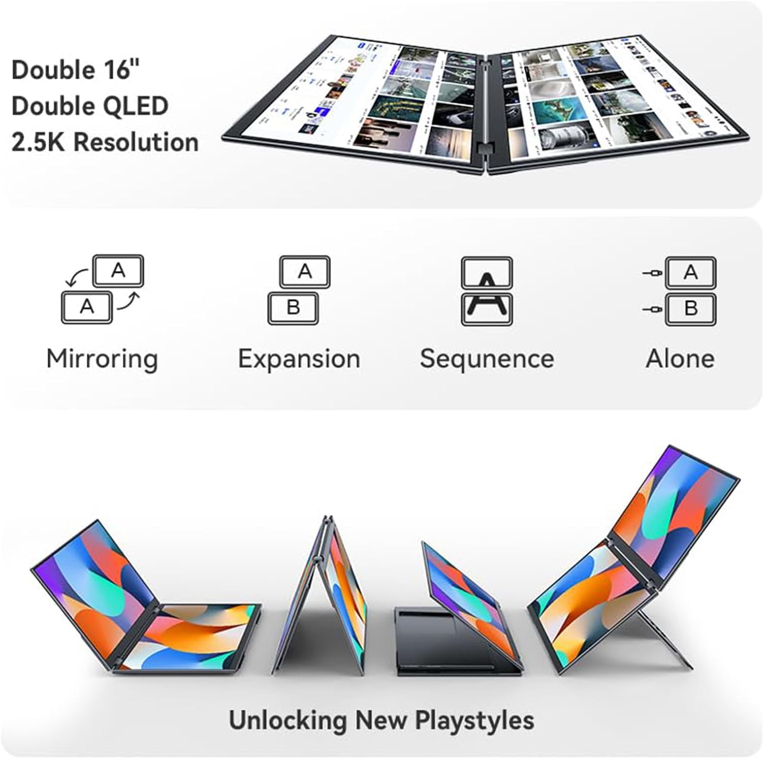 EHOMEWEI X1 Pro Dual Monitor, 2K 60Hz 16'*2 Laptop Expansion Portable Screens 2560 * 1600 100% DCI-P3 HDR 400 cd/㎡ Brightness for Gaming Phone/Switch/Windows MacOS No Stylus Touch