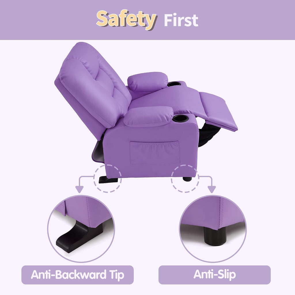 MCombo Big Kids Recliner for Ages 3+, Child Reclining Chair, Toddlers Recliner Sofa with Cup Holders, Faux Leather, 7322(Violet)
