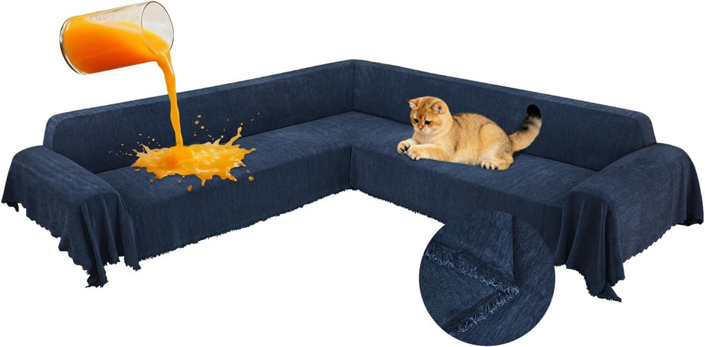 1OO% Waterproof Corner Sectional Couch Covers L Shape Chenille Sectional Sofa Cover with Tassel Soft Thick Washable Sofa Slipcover Furniture Protector for Dogs Pets (91' x 252', Navy Blue)