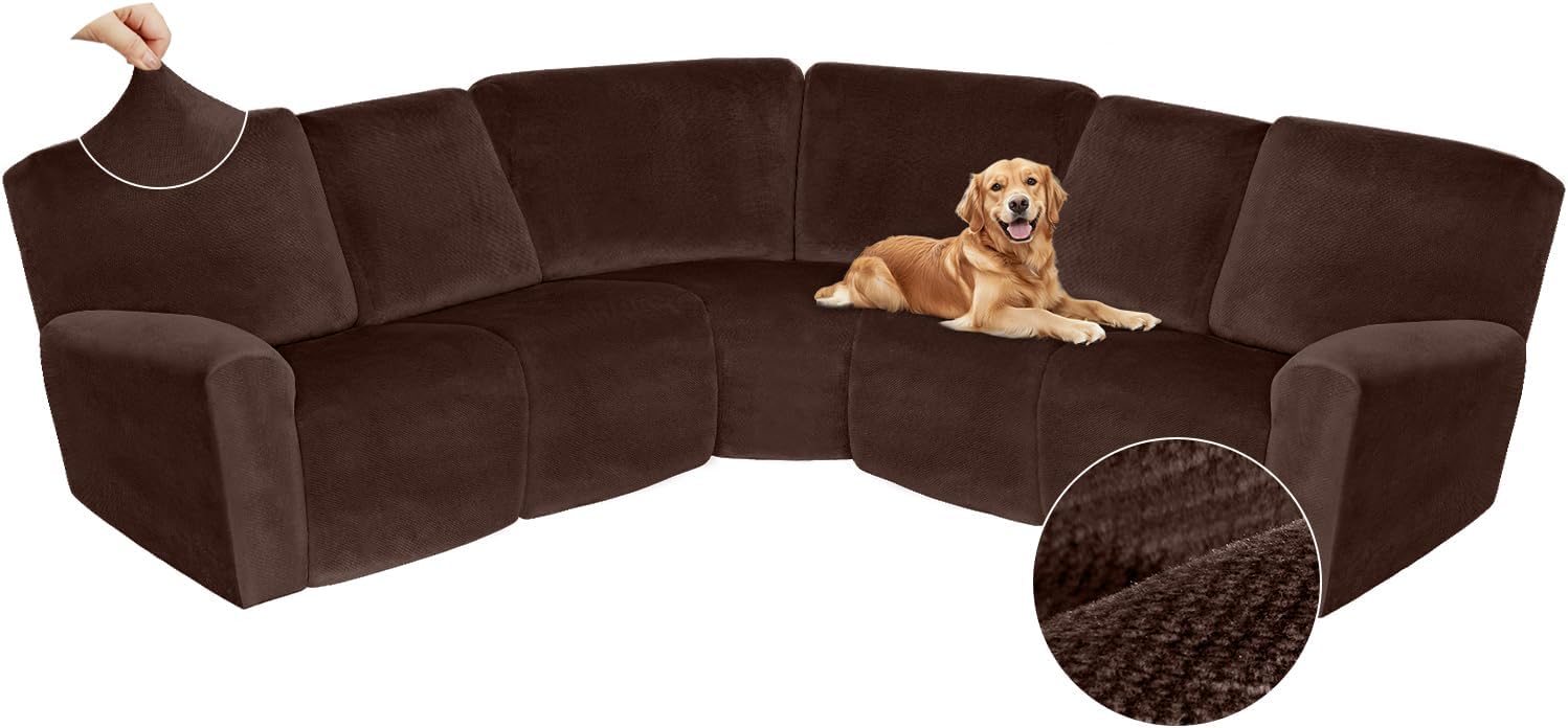 Arfntevss Sectional Recliner Couch Covers Velvet Corner Sectional Sofa Cover for Reclining Couch Stretch Soft L Shape Recliner Slipcover Thick U Shaped Washable Protector (5 Seat Cover, Dark Brown)