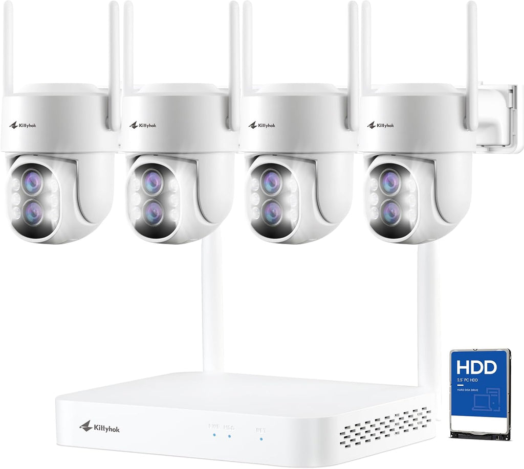 Kittyhok PTZ Wireless Security Camera System | 4pcs Dual Lens 2K Security Camera Wireless Outdoor with 10X Zoom, WiFi6 2.4G/5G, Auto Tracking, Human Detection, Spotlight | 10CH NVR with 500GB HDD