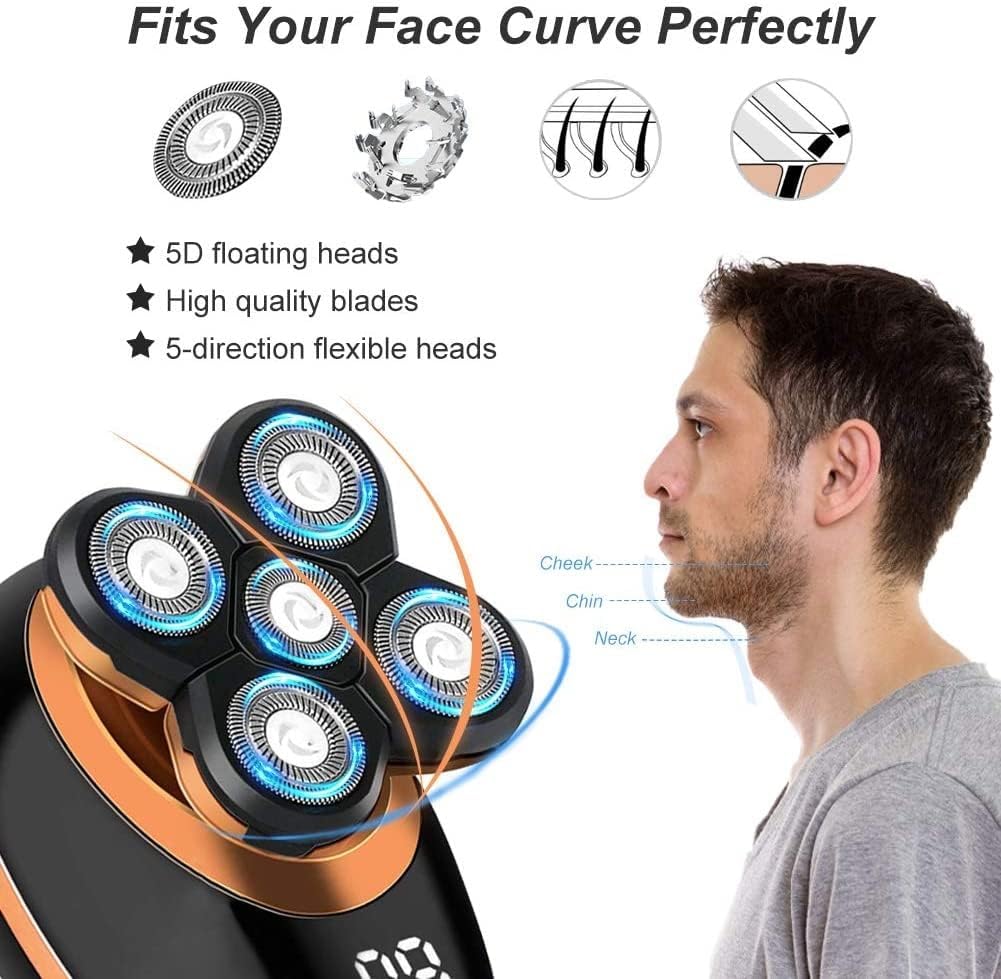 Head Shavers for Bald Men, 5 in 1 Wet Dry Electric Shaver for Men Beard Hair Trimmer Electric Razor Rechargeable Bald Shaving Machine LCD Display Grooming kit
