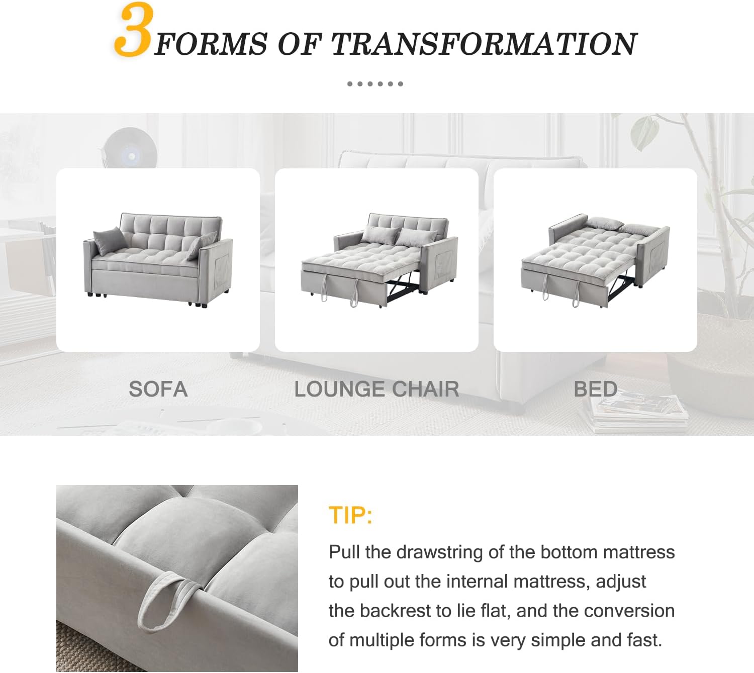 3-in-1 Loveseat Sleeper Sofa, Modern 55.5' Pull Out Couch, Velvet Upholstered Futon Sofa Bed with Adjustable Backrest, Convertible Sofa Bed with Storage Pockets for Living Room(Light Grey)