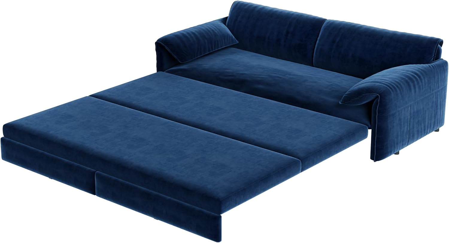 66' Sleeper Sofa Bed Queen Size, 3-in-1 Convertible Couch, Modern Pull Out Couches, Comfy Velvet Futon Sofa, Cloud Loveseat Lounge, Pillow Arm, for Small Spaces, Living Room, Apartment, Blue