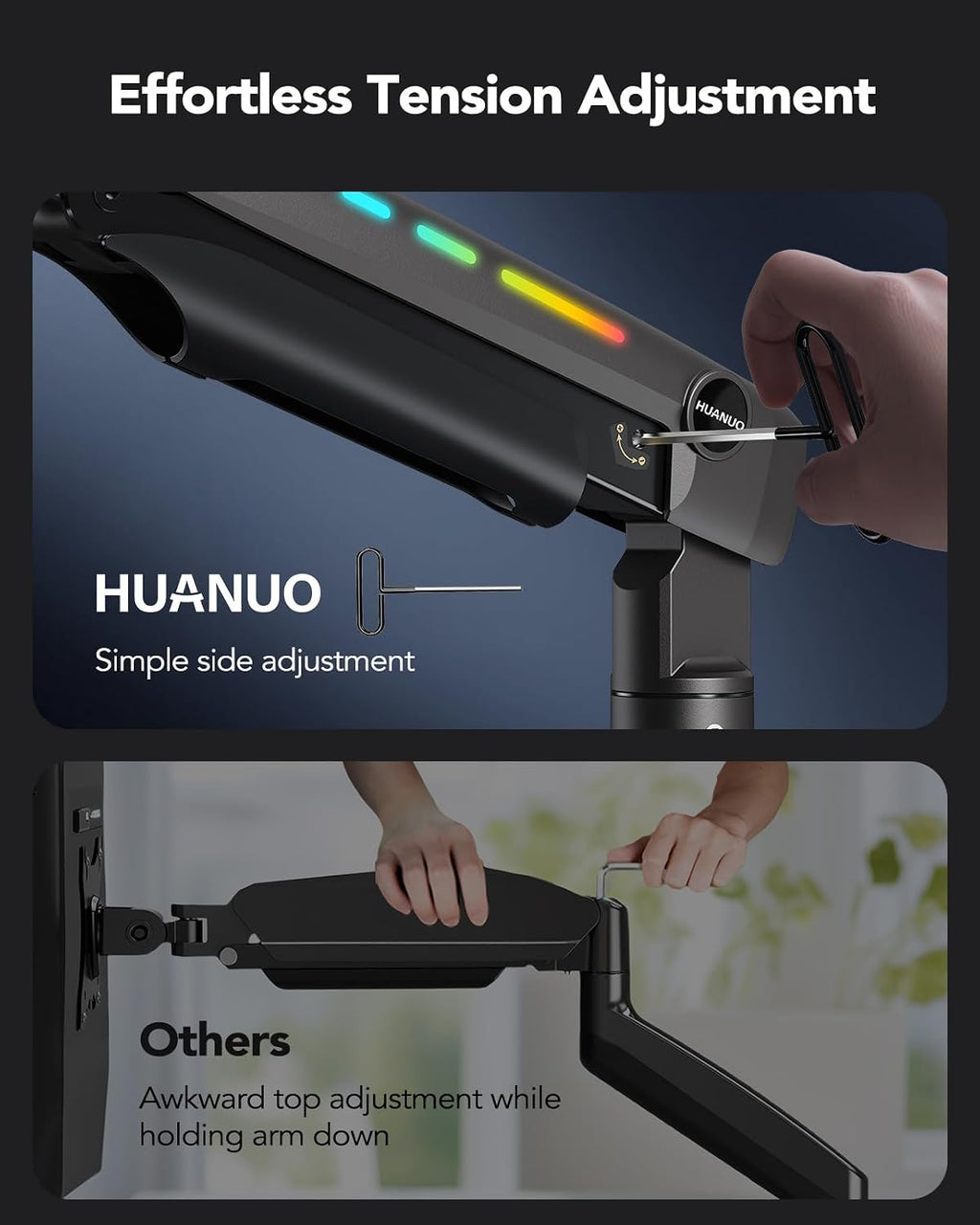 HUANUO 45 inch Monitor Arm, Heavy Duty Single Monitor Mount Holds 44 lbs for Ultrawide/Curved/Gaming Screen, Fully Adjustable with C-Clamp & Grommet Base, Max VESA 100x100mm, RGB
